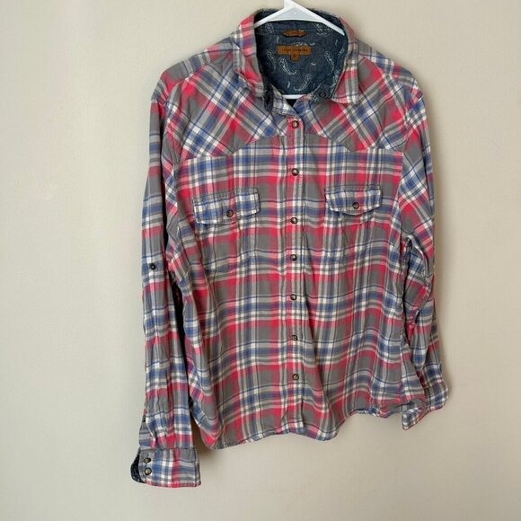 Jachs Girlfriend Gray Pink Button Down Long Sleeve Plaid Flannel Women’s XL - Picture 2 of 7
